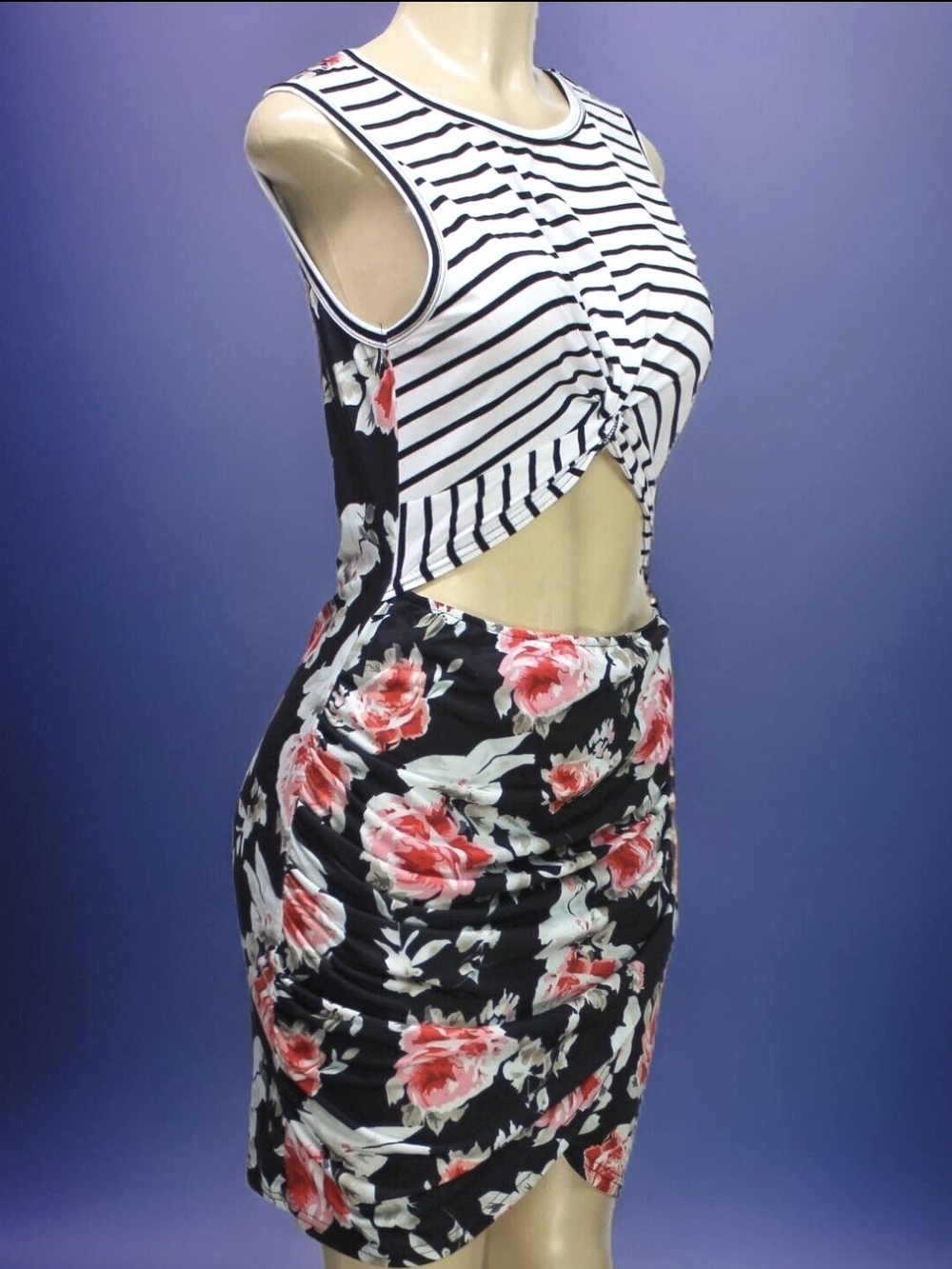 Striped & Floral Cutout Bodycon Dress in Black and White with Pink Floral
